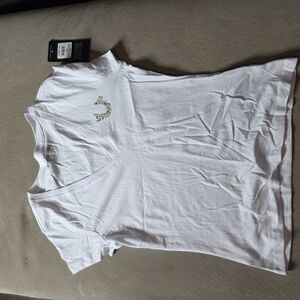 True Religion White V-Neck Short Sleeve Tee with Rhinestone Horseshoe